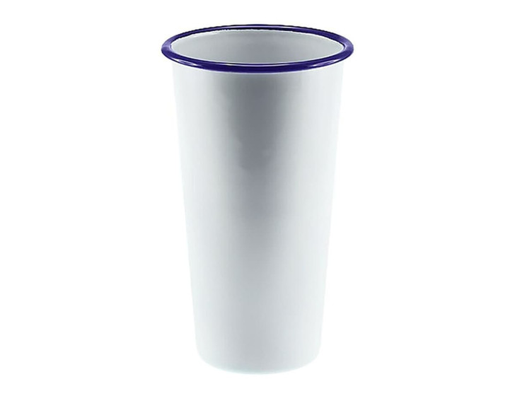 A white enamel tumbler with a blue rim, measuring 775ml and 10cm tall. Features a simple design.