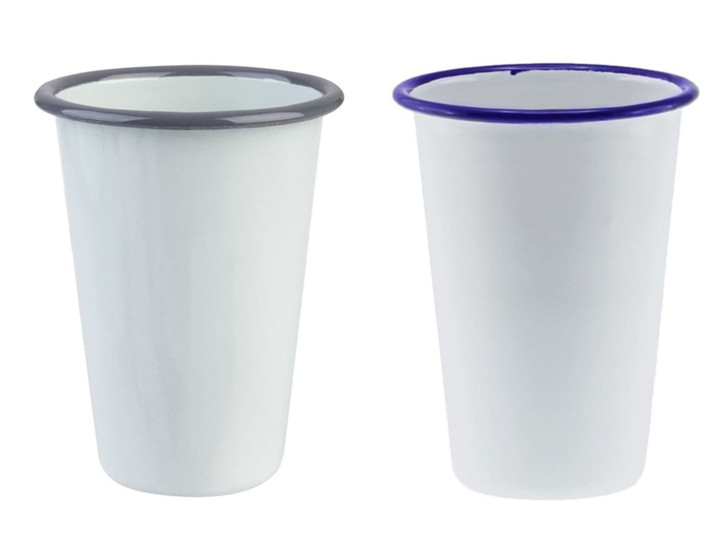 A drink tumbler featuring a white enamel finish with a black and blue rim. Two tumblers displayed side by side.