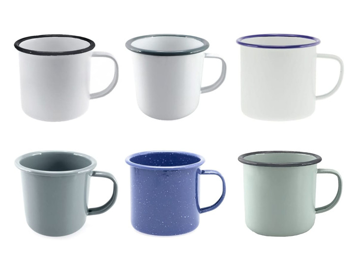 A set of six enamel mugs in various colours, including white, grey, blue, and green, each with contrasting rims.