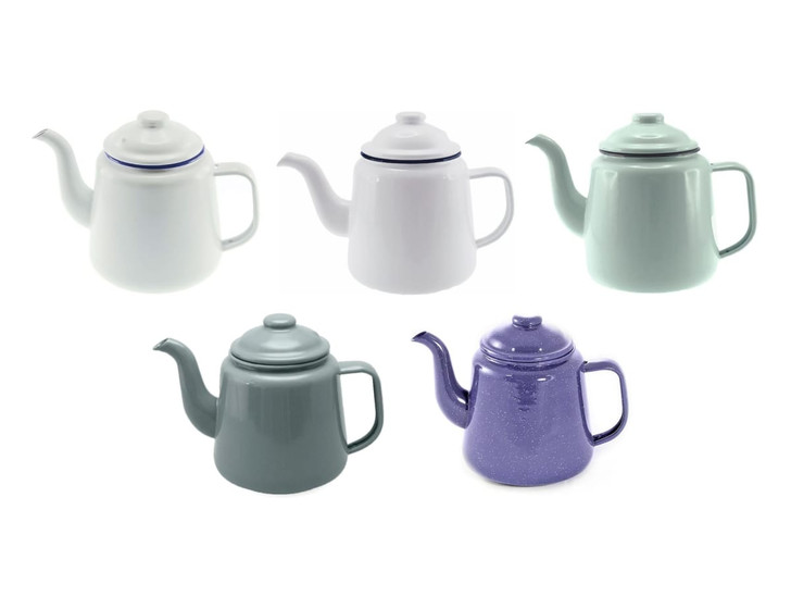 A collection of five teapots in various colours: white, pale green, grey, and purple, with one featuring a logo.