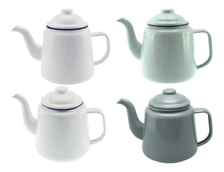 A set of four teapots in white, light green, and grey, featuring a classic design and handles. Each has a logo.