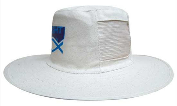 A white canvas hat with vents and a blue logo on the front. It features a wide brim for sun protection.