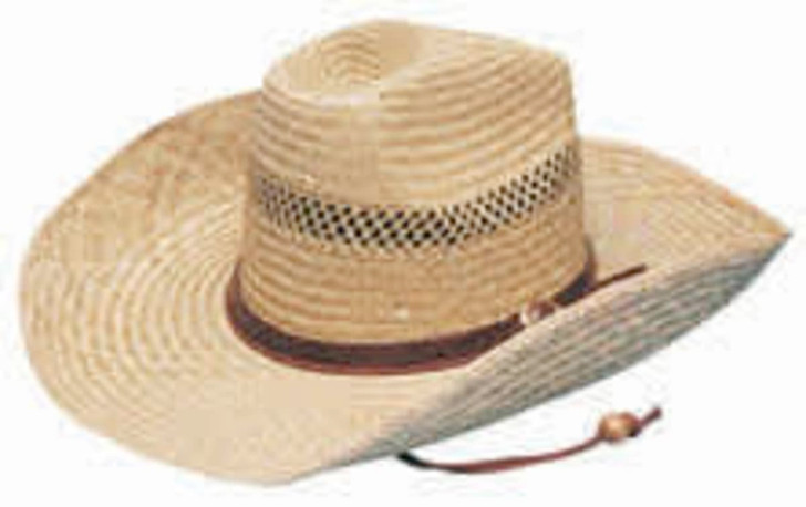 A straw cowboy hat featuring a wide brim and decorative band, in natural tan colour. Includes a chin strap.