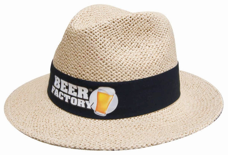 A straw hat with a wide brim, featuring a black band and a logo with a beer graphic.