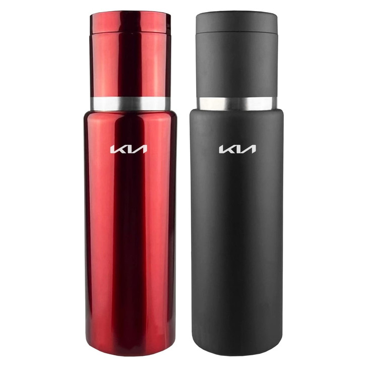 A drink bottle duo featuring a sleek red flask and a matte black flask, both with a logo on the body.