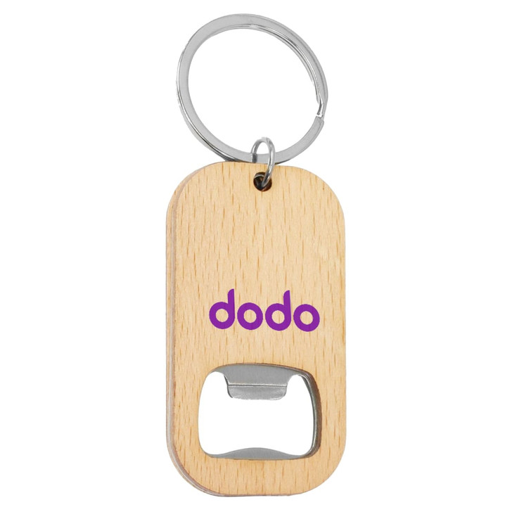 A drink bottle opener keyring in natural wood with a metal opener and a logo in purple.