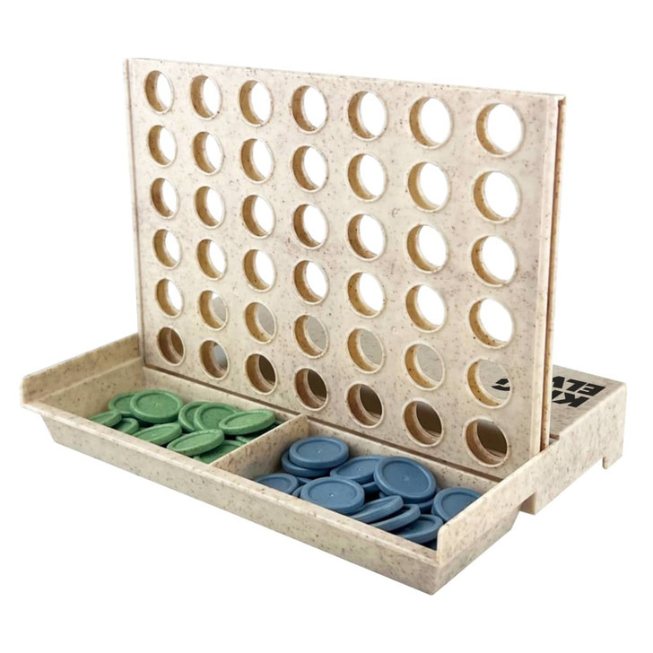 A Wheat Straw Connect Four game featuring a beige playing board and blue and green game pieces.