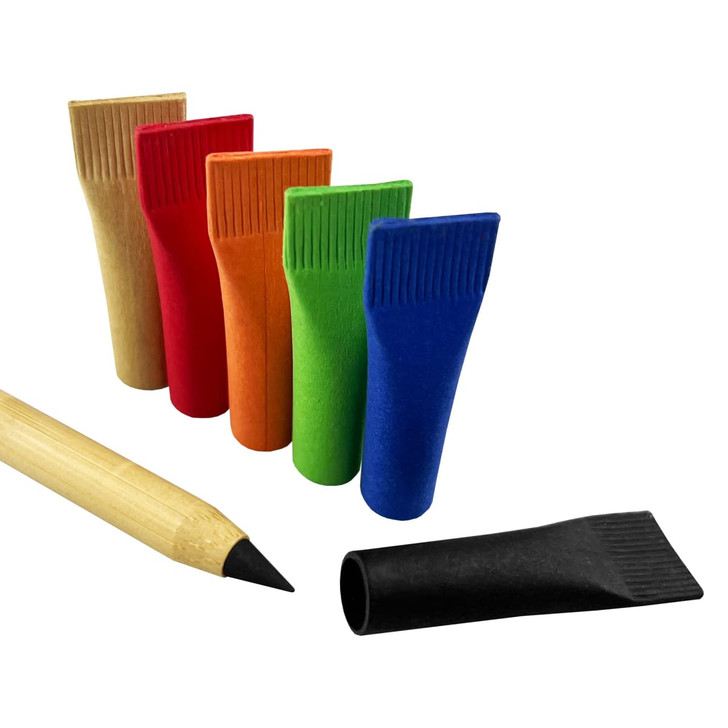 A set of five colourful bamboo pencils in red, orange, green, blue, and brown, alongside a black pencil.