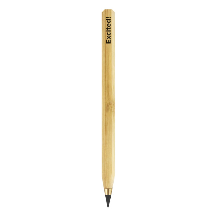 A bamboo pencil with a grey lead tip, featuring a sleek design and a branding logo.