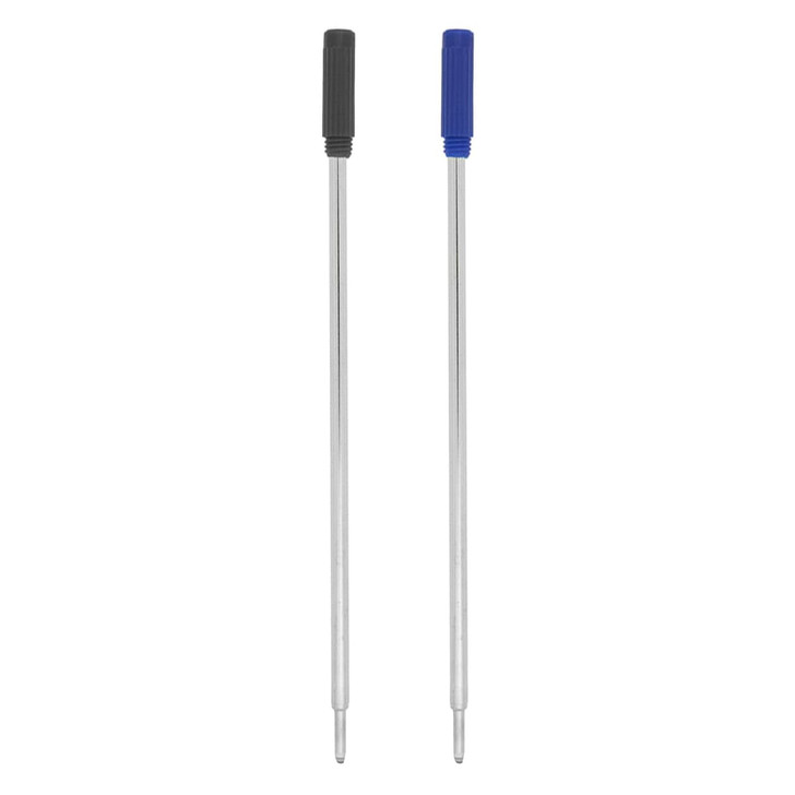 Metal cross-type refills in silver with black and blue plastic caps. Includes two refill options for writing instruments.