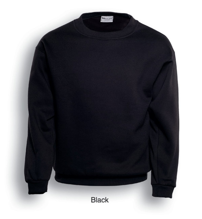 A black unisex crew neck fleece jumper with long sleeves and a casual fit. It features a logo above the neckline.