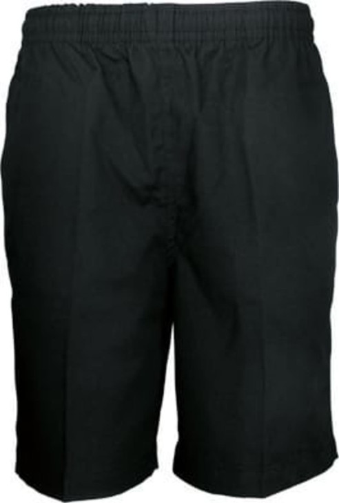 Black boys' school shorts with an elastic waistband. The fabric appears durable and suitable for everyday wear.