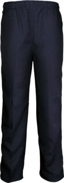 Navy blue kids' school trousers with an elastic waistband and a sleek, straight design. Features a logo.