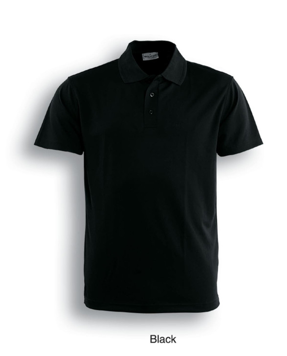A black men's basic polo shirt with a collar and three buttons, featuring a logo on the chest.