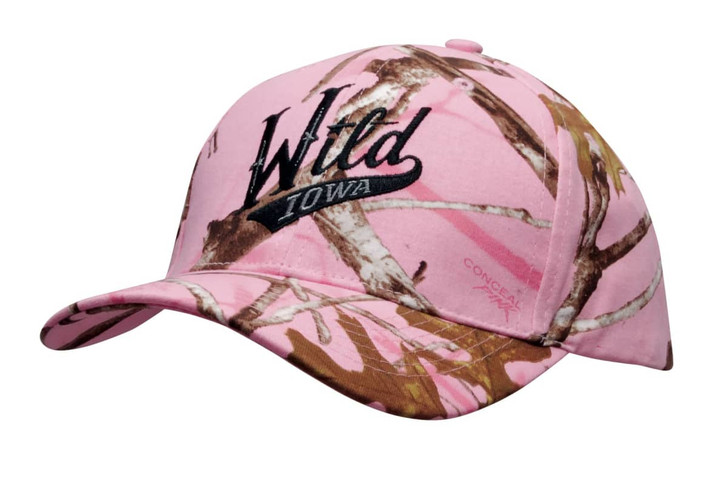 A pink camouflage 6 panel cap featuring a logo, designed with a mix of branches and brown tones.