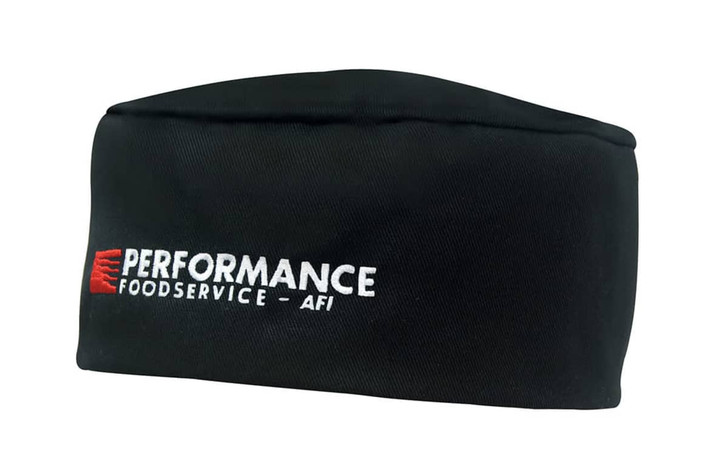 A black poly cotton chef's hat featuring a logo on the front.