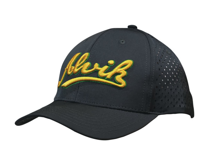 A cap featuring a perforated design, predominantly black with a yellow embroidered logo.