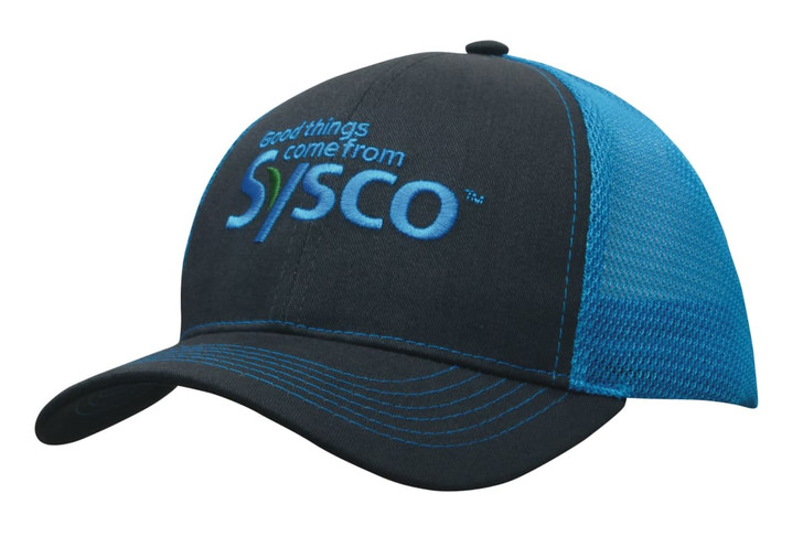 A brushed cotton cap with a mesh back, featuring a blue front and black mesh sides, and a logo on the front.