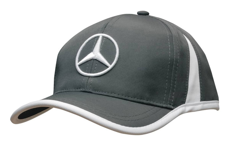 A grey cap with white trim featuring a circular logo on the front.
