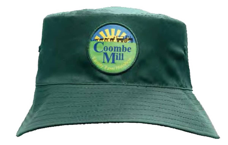 A green breathable poly twill bucket hat with a logo on the front.