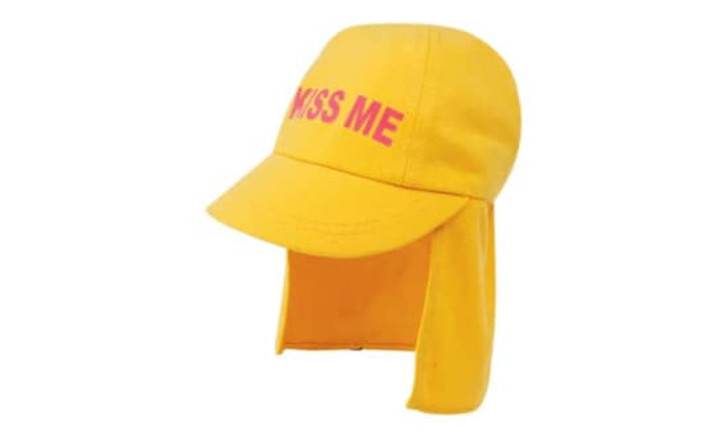 A bright yellow infants Legionnaire hat with a wide brim and side flaps. It features a branding logo.