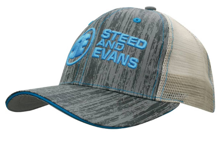 A grey and blue cap with a mesh back and a logo on the front. The design features a textured appearance.