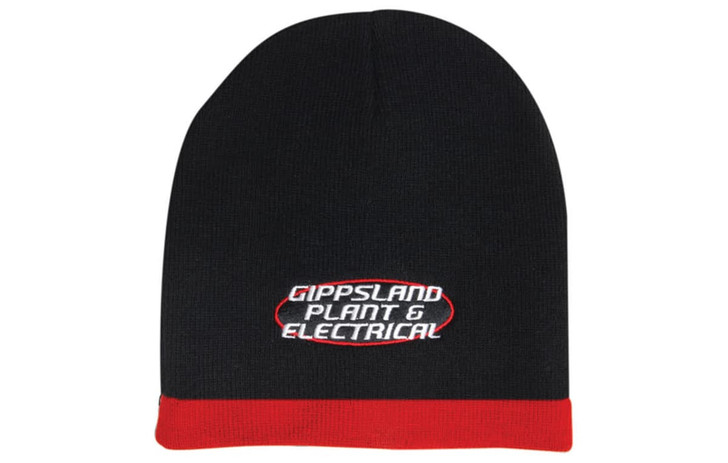 A two-tone acrylic beanie in black with a red cuff and a logo on the front.