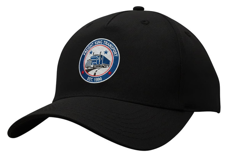 A black cotton twill cap featuring a logo and a curved brim. The cap has a buckle strap at the back.