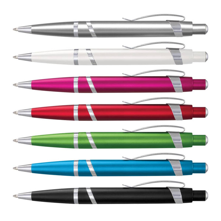 A collection of Athena pens in silver, white, pink, red, green, blue, and black, each with a sleek design and a logo.