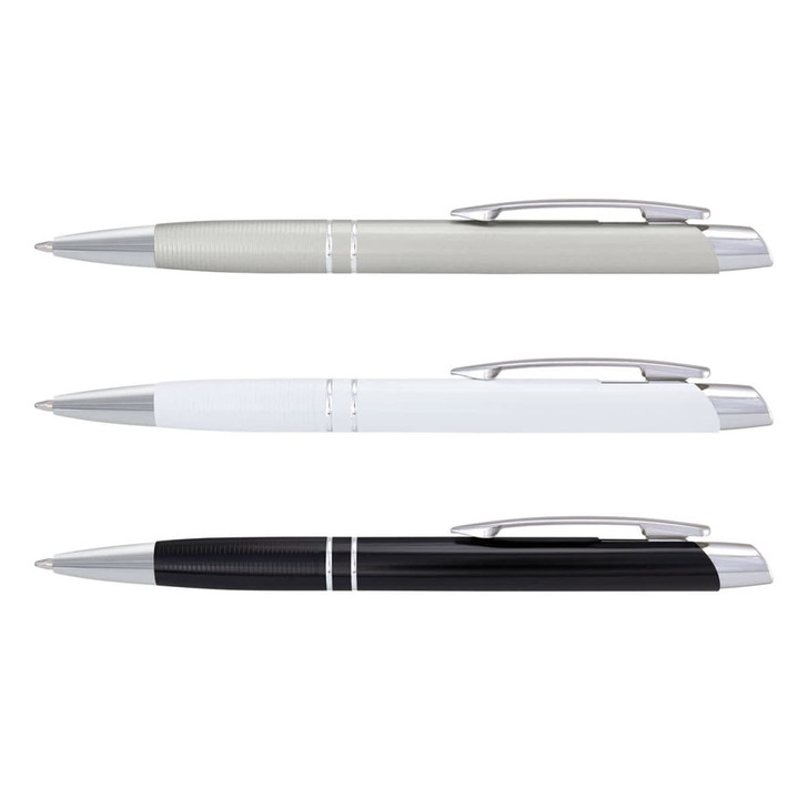 Three metallic pens in grey, white, and black, each with silver accents and a logo on the barrel.
