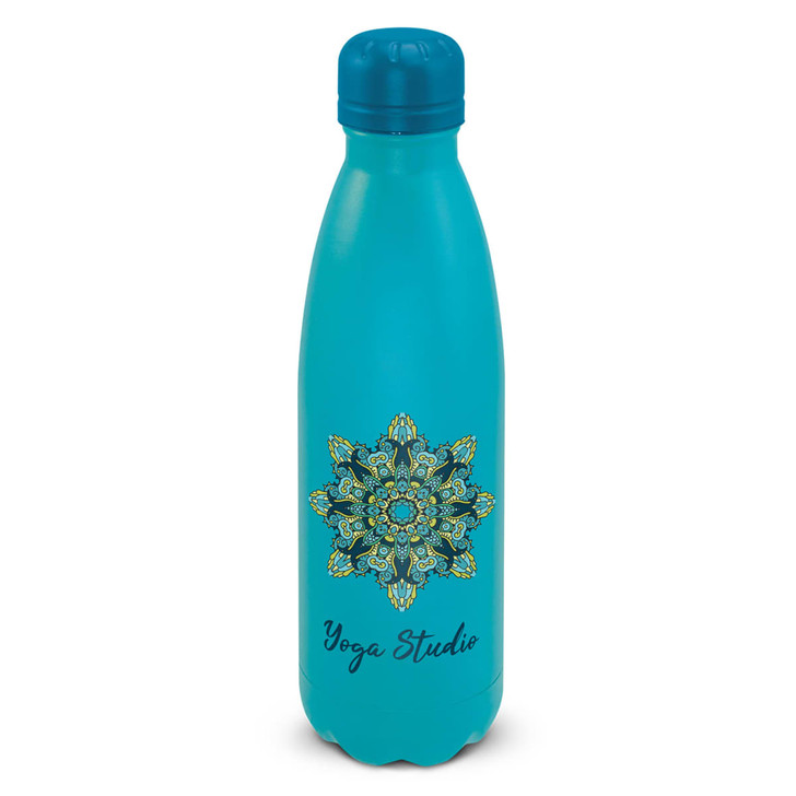 A drink bottle in turquoise with a decorative patterned design and a logo. Suitable for promotional use.