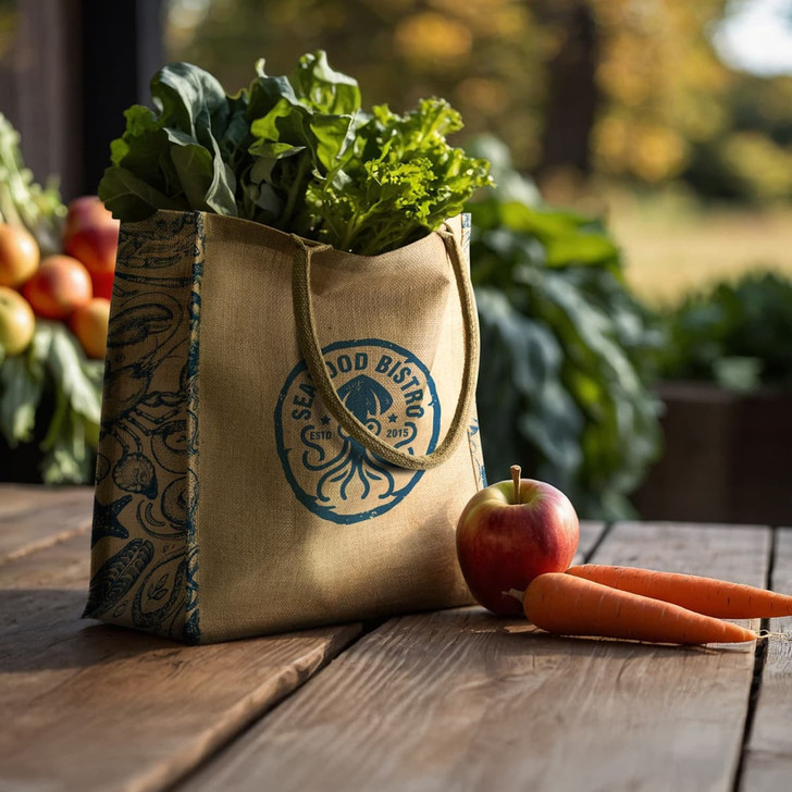 A jute tote bag with a logo, filled with leafy greens, a red apple, and two carrots, set on a wooden table.