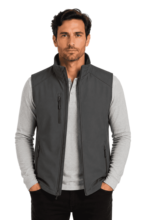 A grey men's vest is displayed, featuring a zippered front and side pockets, with a logo on the chest.