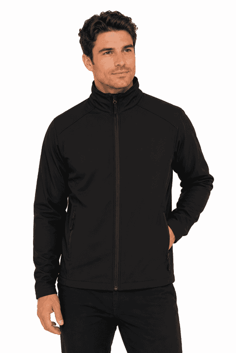 A soft shell jacket in black, featuring a high collar and full zip, modelled by a man. Includes a logo.