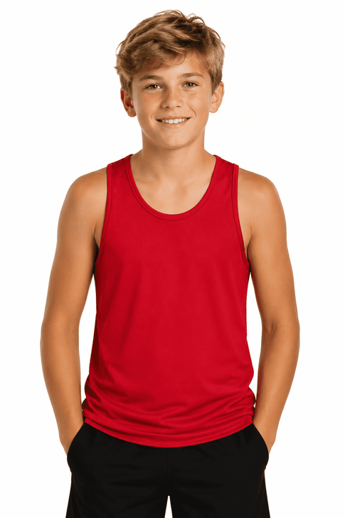 A red singlet for kids, featuring a standard tank top design. The garment has a logo on it.