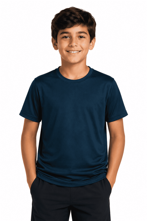 A navy blue children's t-shirt, featuring a round neckline and short sleeves, displayed on a smiling boy.