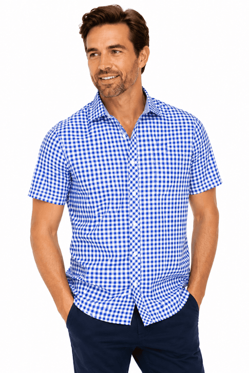 A short-sleeve button-up shirt in a blue and white check pattern. The shirt features a collar and a logo.