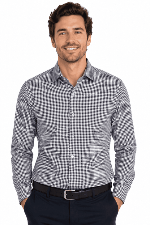 A long-sleeve button-up shirt in a navy and white check pattern, with a slim fit design and a branded logo.