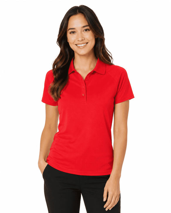A woman wearing a red polo shirt, featuring a collar and short sleeves, with a logo on the chest.