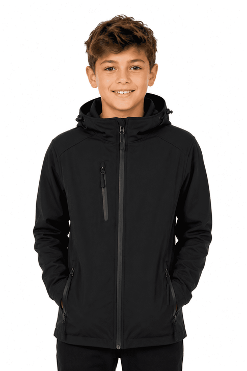 A black jacket with a hood and zippered pockets, featuring a logo and fitted design for kids.