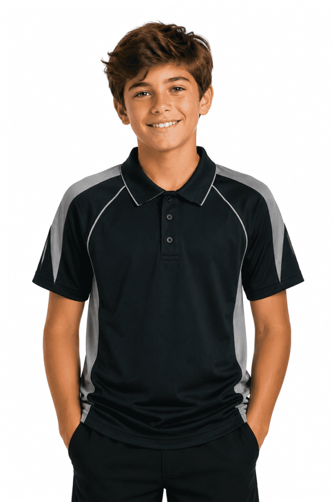 A polo shirt for kids in black with grey accents, featuring a collar and short sleeves. It has a logo on the chest.