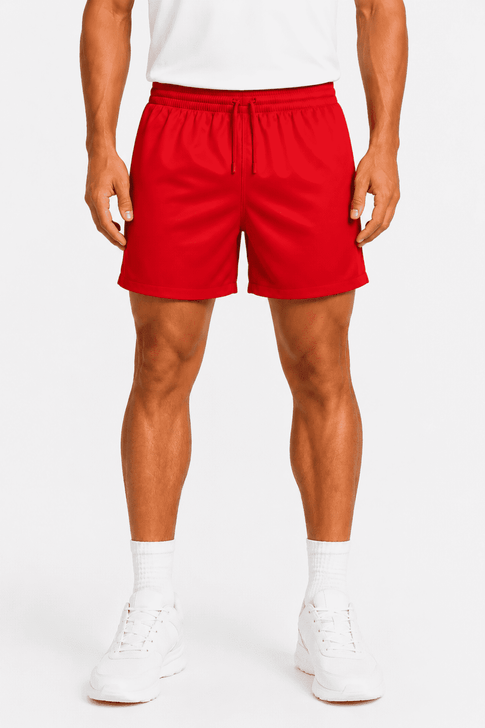 Red rugby men's shorts featuring an elastic waistband and a logo. Suitable for sports activities.