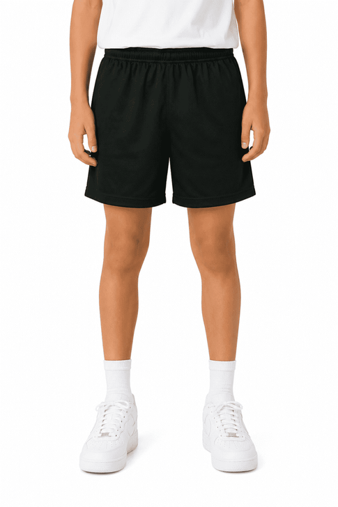 Black sports shorts for kids, featuring an elastic waistband and a subtle logo on the side.