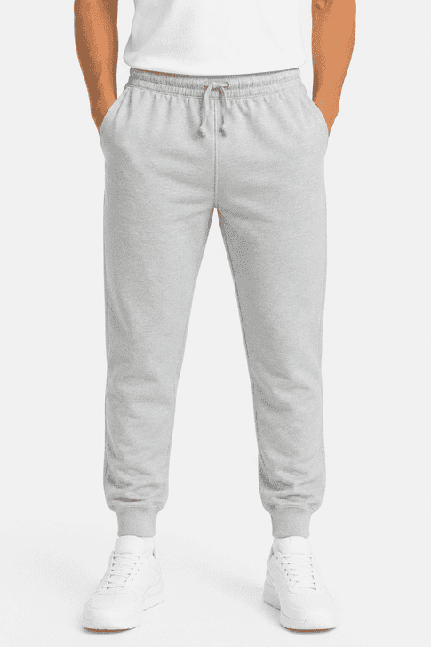 Grey tapered fleece men's track pants with an elastic waistband and cuffs, featuring a casual style.