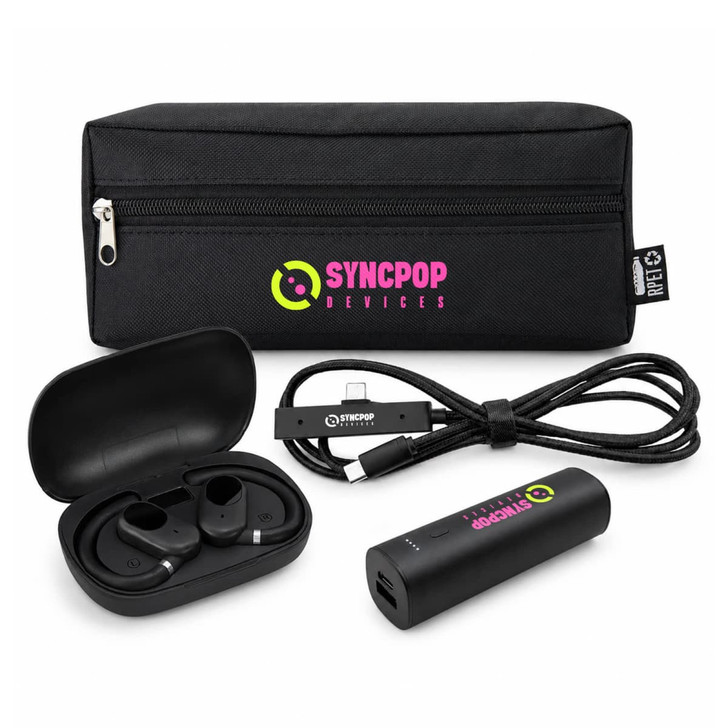 A black tech pouch contains wireless earbuds, a charging case, and a USB cable, featuring a logo.