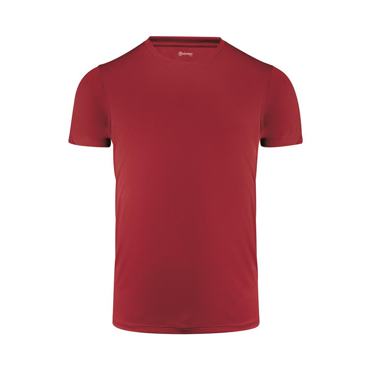 A red men's active tee with a crew neckline and short sleeves, featuring a logo on the neckline.