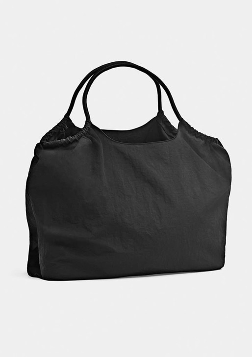 A black nylon tote bag with two handles and a spacious design. It features a logo on the side.