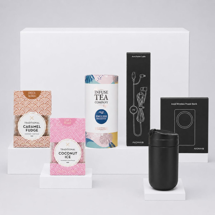 A drink bottle, tea infuser, wireless power bank, and two types of confectionery in pink and brown packaging.