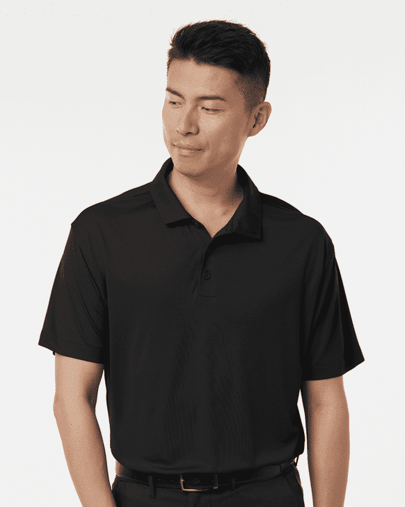 A black men's polo shirt features a collar, short sleeves, and a logo on the chest. 