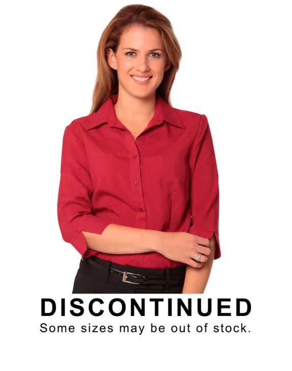 A woman wearing a red Women's Cooldry 3/4 sleeve shirt with a logo. The shirt has a button-up design.